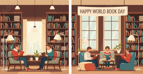 Cozy library scenes friends gathering and celebrating a special occasion