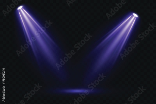Stage spotlights with bright blue and purple beams on a transparent background. Suitable for shows, concerts, presentations and interfaces.
