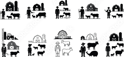 Farm life illustration set with barn, silo, tractor, farmer, cow, pig, goat, sheep, agriculture, livestock, rural vector design