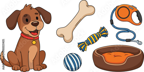 Cute Dog with Pet Accessories Illustration Featuring Puppy, Bone, Ball, Leash, Toy Rope, and Bed, Adorable Domestic Animal Vector for Pet Care and Shop Designs.