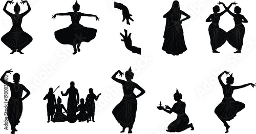 Indian classical dance silhouette set with mudras, poses, gestures, ensemble, tradition, culture, performance, rhythm, expression, heritage vector illustration design