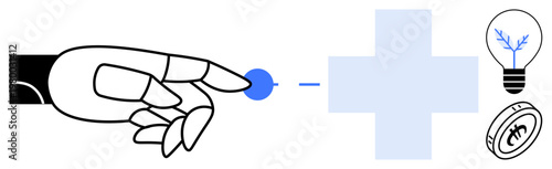 Robotics, innovation, AI-powered healthcare, medical technology, financial technology, digital transformation. Robot hand touching a point, cross light bulb and coin. Robotics and innovation