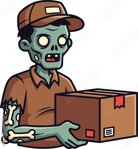 Cartoon zombie delivery worker holding cardboard package in brown uniform with cap, humorous spooky vector illustration
