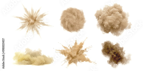 Set of realistic brown dust explosions and smoke clouds isolated on white background vector illustration collection