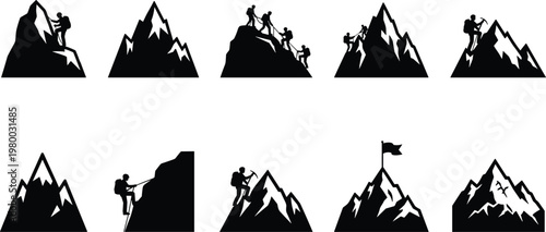Mountain climbing silhouette set with peaks, climbers, teamwork, adventure, exploration, hiking, achievement, summit flag, outdoor travel vector illustration