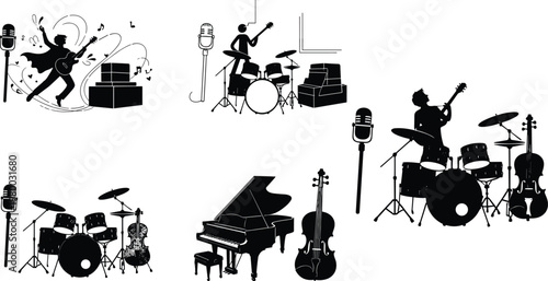 Musical instruments silhouette set with guitar, drums, piano, cello, microphone, performance scene, concert illustration, band equipment vector design