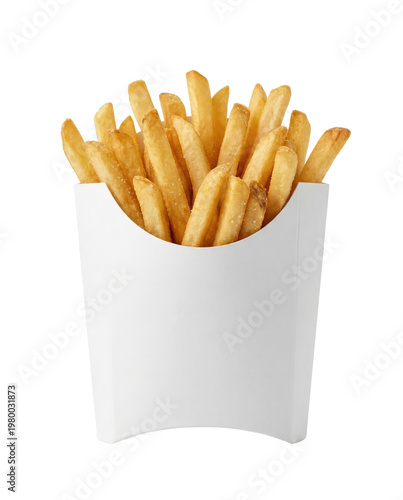 Golden french fries in blank white container isolated. Fast food snack mockup.
