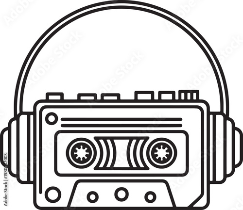 Quadro su tela Portable cassette player with headphones outline isolated on transparent background vector