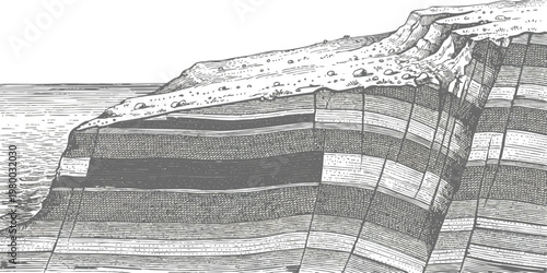Geological strata layers cross section diagram showing rock formations in an educational vintage woodcut style vector illustration