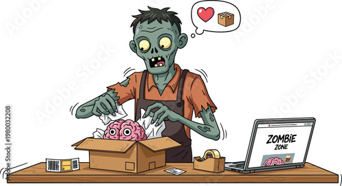 Cartoon zombie packing pink brain into cardboard shipping box with laptop and humorous spooky online business illustration