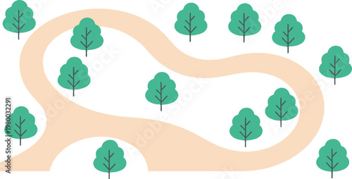 Winding path through forest area with green flat trees vector landscape illustration for map design or outdoor park way.