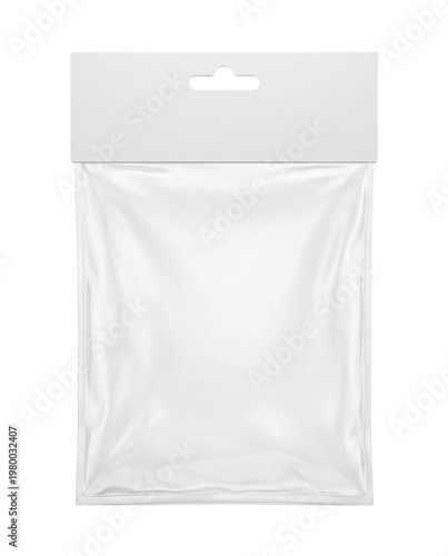 Foto Clear plastic poly bag with white header isolated