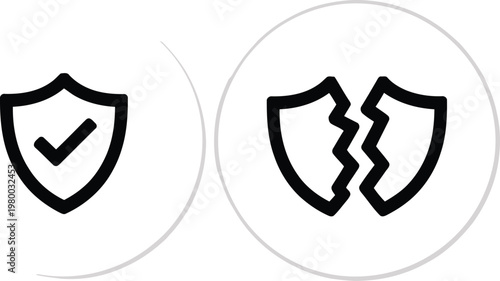 Secure shield icon with checkmark next to a broken shield icon representing safety and vulnerability