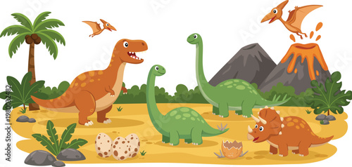 Funny cartoon vector illustration of a wild baby dinosaur with a chicken and eggs, a yellow Easter bunny, and a green snake in a blue nature zoo