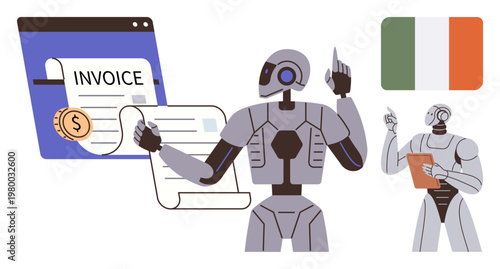 Automation, financial technology, digital payments, document management, AI in business, robotic processes. Robots interacting with invoices and an Irish flag. Automation and financial technology