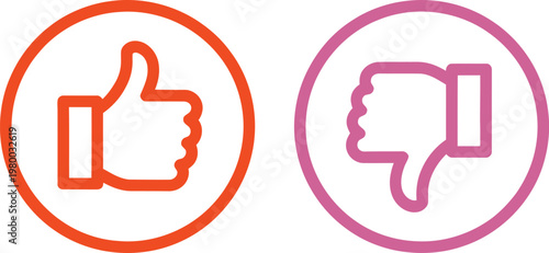 Orange thumbs up and pink thumbs down icons representing social media feedback and positive negative choices
