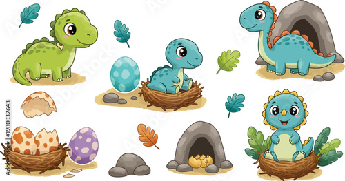 Funny cartoon vector illustration of a wild baby dinosaur with a chicken and eggs, a yellow Easter bunny, and a green snake in a blue nature zoo