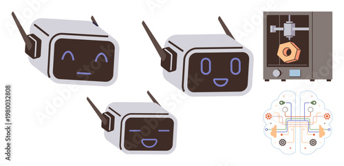 Artificial intelligence, robotics, brain-computer interaction, neural mapping, machine learning, and emotions in technology. Robot faces with emotions, a neural brain map and 3D printing device. AI