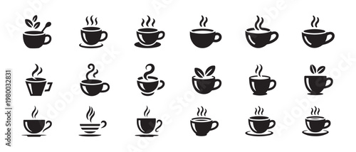 Collection of coffee cups and tea mugs with steam. cafe icon set with hot drinks