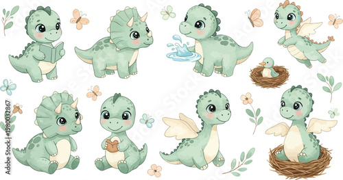 Funny cartoon vector illustration of a wild baby dinosaur with a chicken and eggs, a yellow Easter bunny, and a green snake in a blue nature zoo