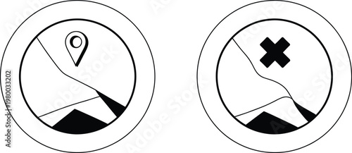 Black and white circle icons featuring a location pin marker and a cross rejection symbol