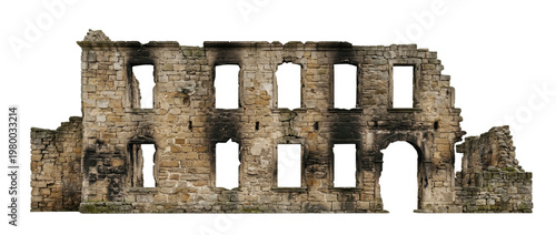 Foto Ruined burnt stone building facade isolated