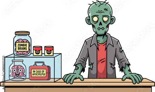 Cartoon zombie shopkeeper behind counter selling jars of brains and apocalypse items in humorous spooky horror illustration