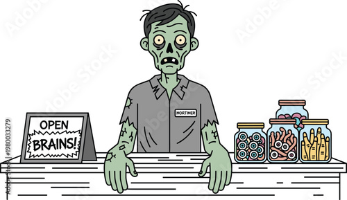 Cartoon zombie shopkeeper named Mortimer selling jars of body parts with humorous spooky horror vector illustration