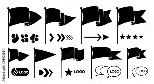 Flags icon set with various symbols including arrows, paw prints, rating stars, and speech bubbles for logo branding