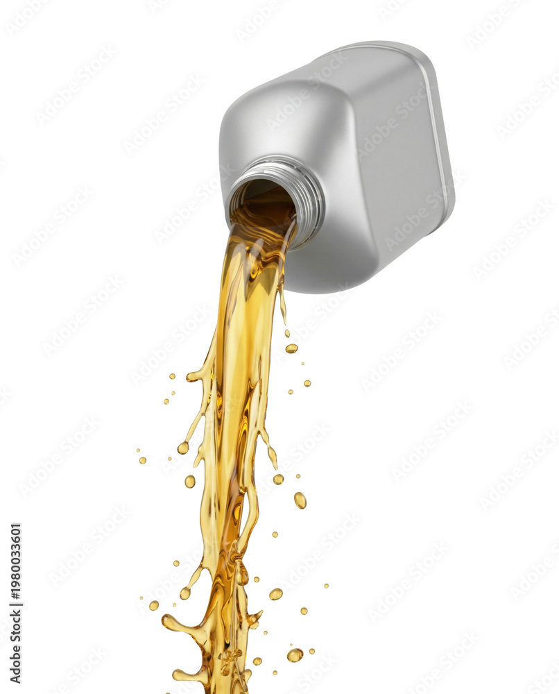 Fototapeta premium Golden engine oil pouring from silver bottle isolated. Lubricant splash mockup.