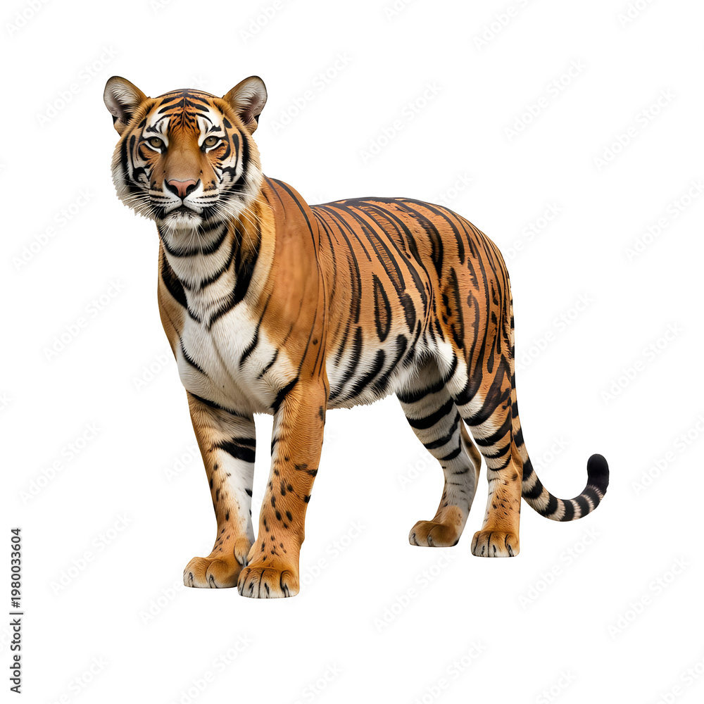 Obraz premium Majestic tiger standing alert in its natural pose with vivid orange and black stripes