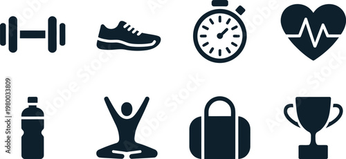 Set of black fitness and sports icons featuring gym equipment health monitoring and athletic achievement symbols