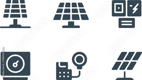 Renewable energy icons showcasing solar panels electrical hardware and sustainable power generation symbols for modern technology