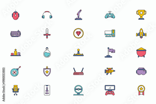 Gaming Gear and Esport Entertainment Linear Color Icons Set