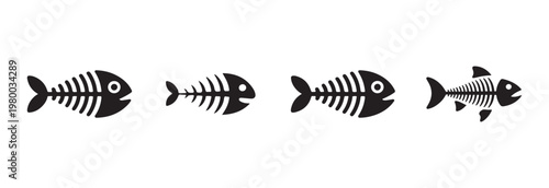 Collection of four different black fish skeleton icons representing marine animal remains and seafood.