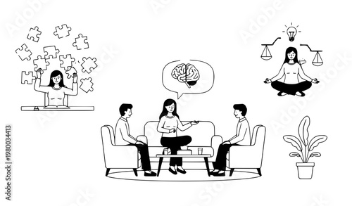 Psychotherapy Concept Woman Solving Mental Problems Vector Illustration