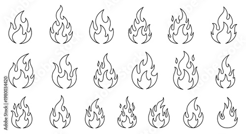 Flames line art set with black outlined and white filled fire icons in various shapes, sizes, and styles, for design and decoration.