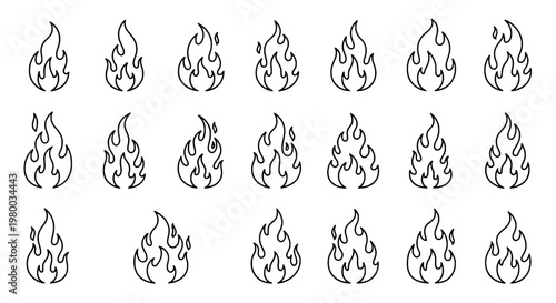 Flames doodle drawn set with black curved lines and various shapes on white background featuring fire, vector, illustration with icons and collection