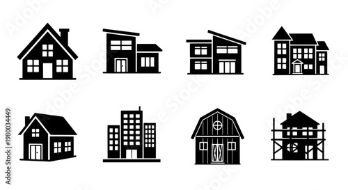 Buildings skyline icons set with black vector silhouettes, windows and rooftops for city map and urban design