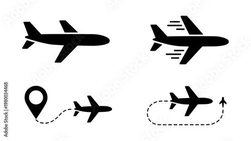 Four black airplane icons showing flight paths and travel routes in a minimalist vector graphic design