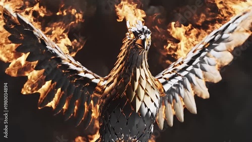 Majestic Metallic Phoenix Rises Amidst Fiery Flames Dramatic Cinematic Lighting