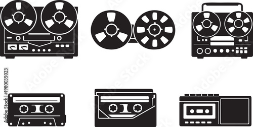 Vintage reel to reel tape recorder and cassette icon silhouette vector illustration
