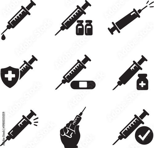 syringe icons set symbolizing medical injections and vaccination silhouette vector