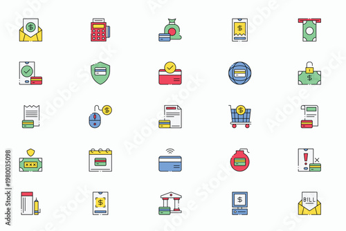 Online payment and digital banking line icon set