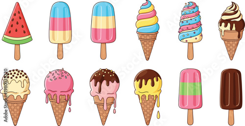 Colorful ice cream and popsicles collection with cones, chocolate glaze and fruit flavors vector illustration for summer dessert menu design