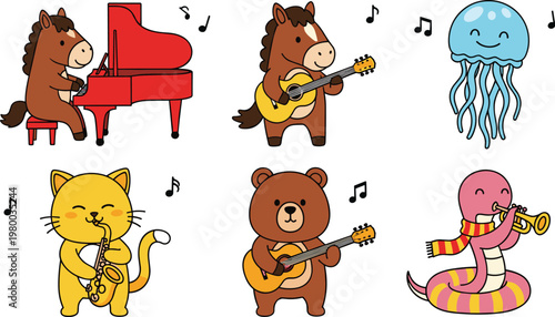 Cute animal musicians collection with horse, bear, cat, snake and jellyfish playing instruments vector illustration for kids music and fun design