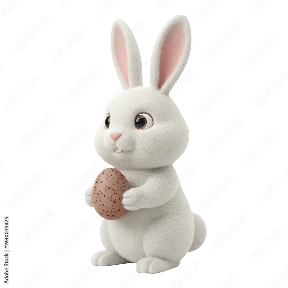 Obraz premium Cute white easter bunny holding a speckled egg isolated on a transparent background