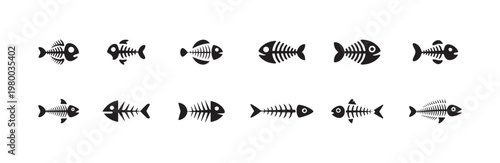 Assorted black fish skeletons on white, flat design vector icons