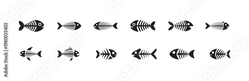 Collection of flat black fish skeletons on white background, graphic design