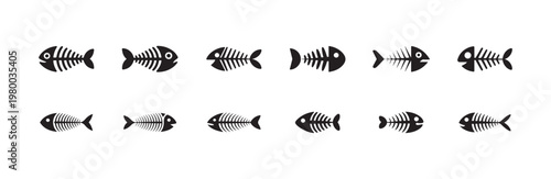 Fish bone vector icons set. black fish skeleton isolated on white background. flat fishbone collection